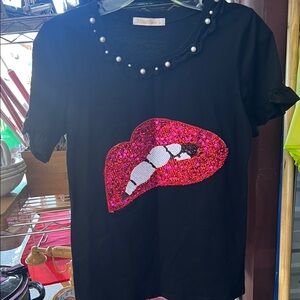 Black Tee with Pink Sequin Lips